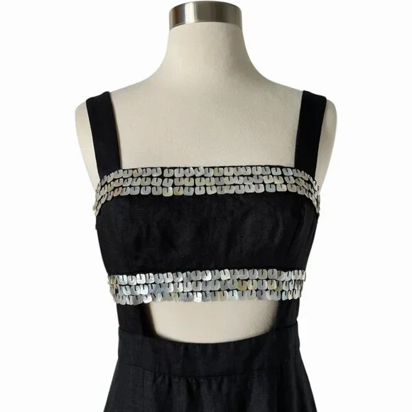 STAUD Mickey Dress 2 Black Linen Sequin Cutout Maxi Dress Evening - Picture 4 of 10